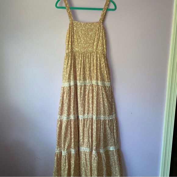 Aura Size S Orange Floral Maxi Dress Lace Trim Eyelet Cottagecore Boho Fairy - Picture 1 of 10